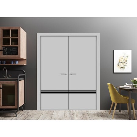 Sartodoors Planum Solid French Double Doors, Planum 0012 Matte Grey and Aluminum Strips, Wood Solid Panel Fram PLANUM0012DD-GRE-36