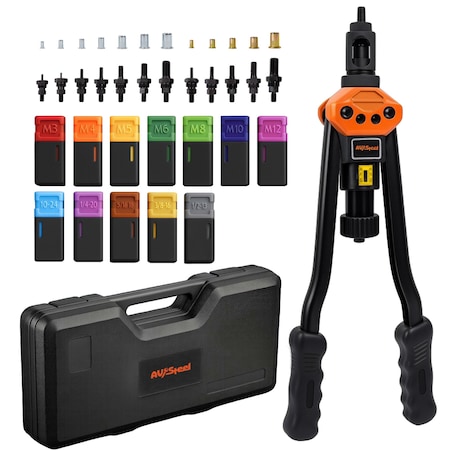 Av Steel 14-Inch Rivet Gun, 12 Interchangeable Mandrels & 200Pcs Nuts with Carry Case AV-300016