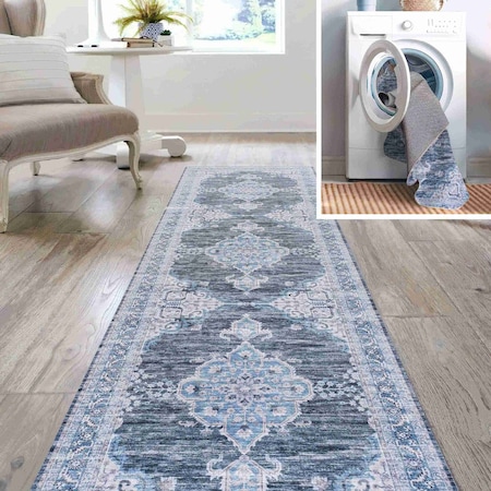 Jonathan Y Wincer Chenille Cottage Medallion Non-Slip Machine-Washable Gray/Blue/White 2 ft. x 8 ft. Runner Rug WSH202D-28