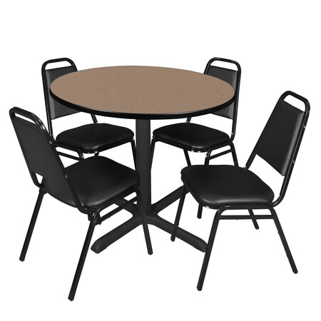 Regency Round Cain Breakroom Table W/ 4 Restaurant Stack Chairs, 36 in W, 36 in L, Noble Oak TB36RNDNO29BK