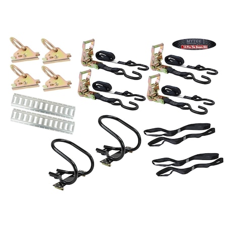 Mytee Products 14 Pc Motorcycle Kit - 2 E-Track Motorcycle Wheel Chock, 2 Handle Bar Straps Pair ETK-MC-12PCKIT