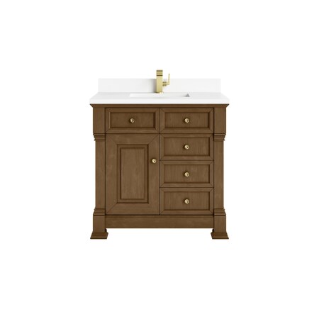 James Martin Vanities Brookfield 36 in Single Vanity, Honey Oak w/ Single Hole 3 CM White Zeus Silestone Top & Backsplash 547-V36-HNO-1WZ
