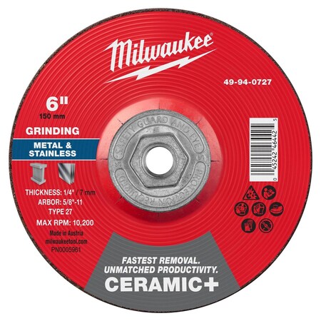 Milwaukee Tool Grinding Wheel, 6" dia. 49-94-0727