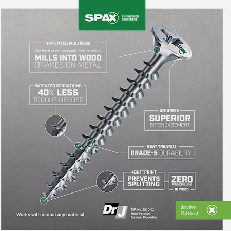 Spax No.10x3'' Unidrive, Combo Drive Flat Head Zinc, Interior Multi-Purpose Construction Screw, 16 Ct. 4101010500752