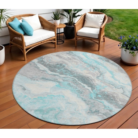 Homeroots 8' Teal Blue And Silver Round Abstract Washable Indoor Outdoor Area Rug 618438
