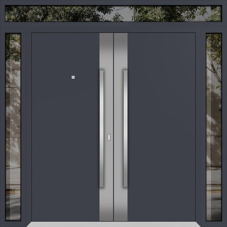Vdomdoors Metal Double Doors Deux 0729 Gray Graphite Stainless Steel Insert 2 Sidelights and Top Transom Entr DEUX0729DEXD-GRE-W12+72+12xH96+12-RH-I