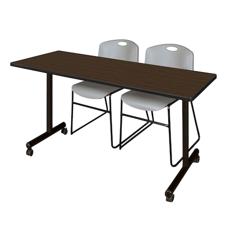 Regency Kobe Mobile T-Base Training Table W/ 2 Zeng Stack Chairs, 66 in W, 24 in L, Neo Walnut MKTRCC6624NW44GY