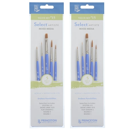 Princeton Select Artiste Brush Set No. 15, Synthetic Bristles, Short Handle Mixed Media, 5-Piece Set, 2PK P3750SET115
