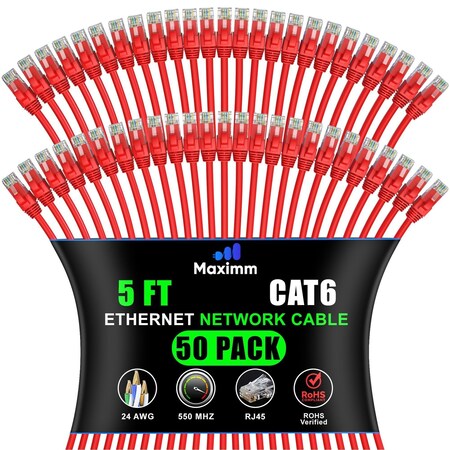 Maximm Cat6 Ethernet Cable 5ft 10Gbps 550MHz UTP, 50PK, Red, 50PK CAT6CCA-5RD-50PK