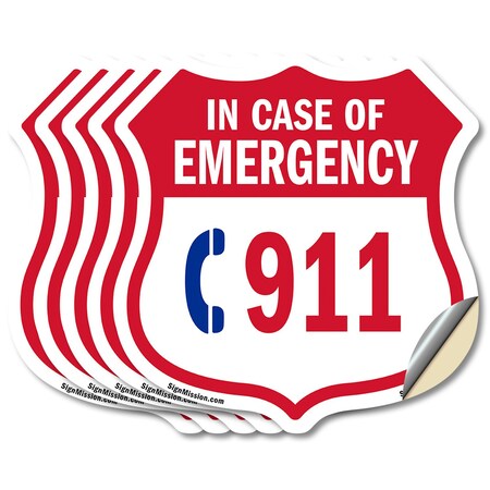 Signmission Emergency 911 Phone Shield Sign In Case, 6 inch X 6 inch, Vinyl Decal, 5PK SHI-D-5PACK-6-380