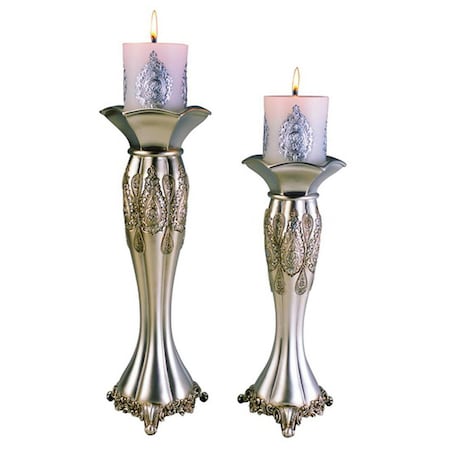 Homeroots Set of Two Silver Metallic Polyresin Ornate Tabletop Pillar Candle Holders With Candle, 2PK 468329