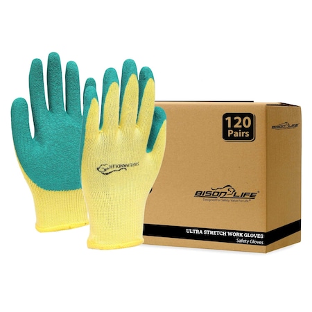 Bison Life Latex Crinkle Coated Work Gloves, Ultra Stretch Grip Gloves for Utility, Yellow/Green, 120Pairs, 120PK BLZ-ESRG-18YGR-A
