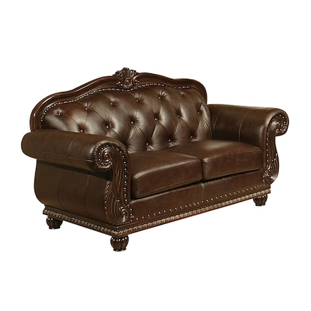 Homeroots 70in Espresso Faux Leather And Black Nailhead Love Seat 515738
