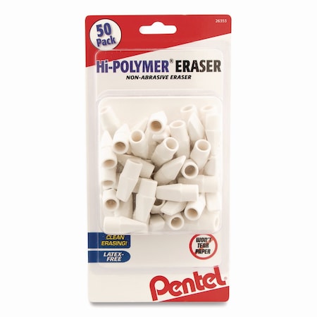 Pentel Hi-Polymer Cap Eraser, For Pencil Marks, White, 50PK ZEH02BP50