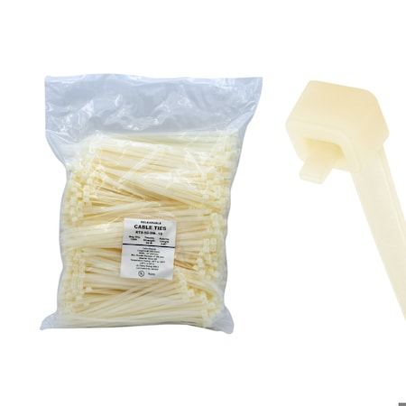 Cable Ties Unlimited Pawl Releasable Cable Tie, 8 in L, 50 lb Strength, 2.2 in Max Bundle Dia, Nylon 6/6, Natural, 1000PK RT8-50-9M-.19
