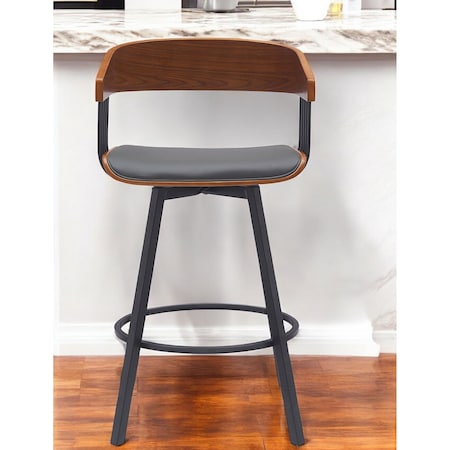 Homeroots 27" Gray and Black Faux Leather with Metal Swivel Counter Height Bar Chair 534451