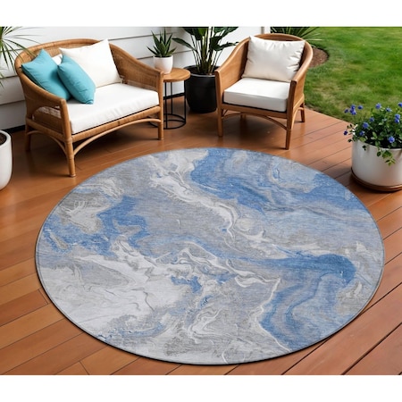 Homeroots 8' Blue And Ivory Round Abstract Washable Indoor Outdoor Area Rug 617622