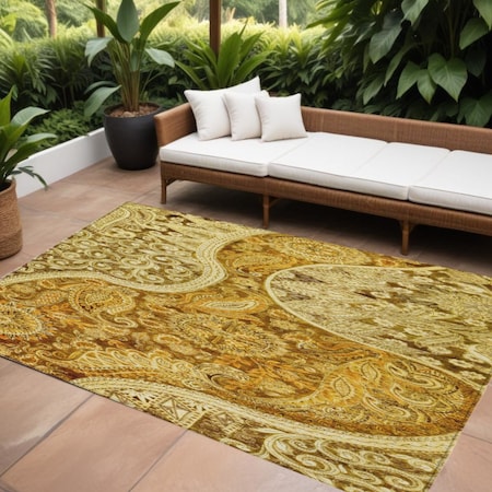 Homeroots 9' X 12' Terra Cotta Brown And Gold Floral Medallion Washable Indoor Outdoor Area Rug 603207