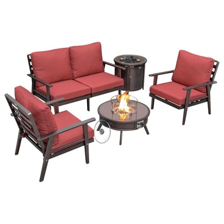 Leisuremod Walbrooke Modern Brown Patio Conversation With Round Fire Pit With Slats Design & Tank Holder, Red WBRS-29-24-57-31-R