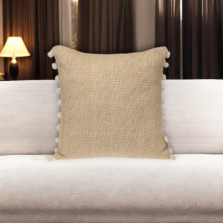 Homeroots 18" Beige and White Weave Cotton Throw Pillow With Pom Poms 529227