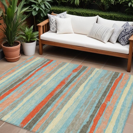 Homeroots 9' X 12' Sky Blue Pink And Gray Striped Washable Indoor Outdoor Area Rug 598936