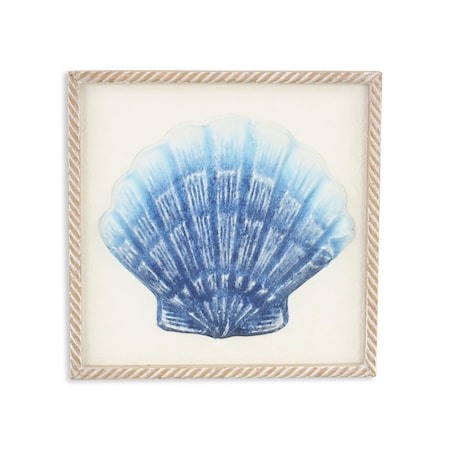 Homeroots Blue and White Distressed Metal Sea Shell Brown Frame Wall Art 569560