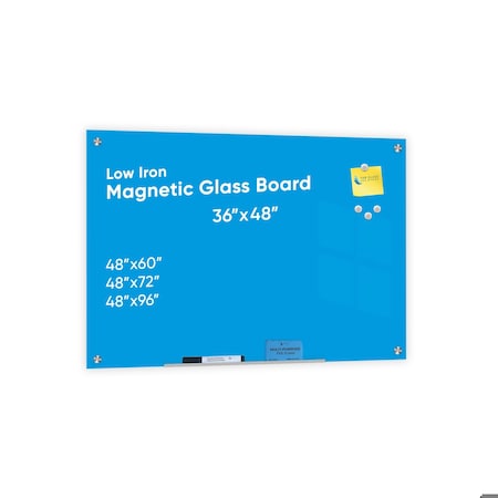 Fab Glass And Mirror Frameless Magnetic Glass Board 36in x 48in, Blue Surface Glass Board - Includes Magnets, Markers MB36x48-SB606