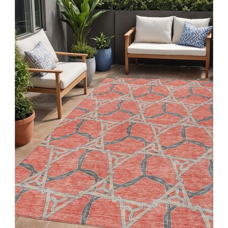 Homeroots 5' X 8' Coral And Taupe Geometric Washable Indoor Outdoor Area Rug 613489