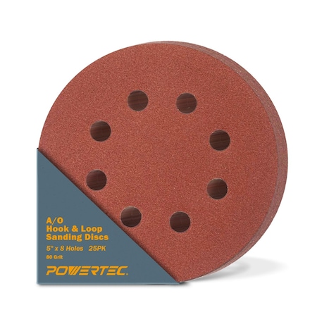 Powertec 5 in. 8 Hole Hook and Loop Sanding Discs, 80 Grit, 25PK 45008N