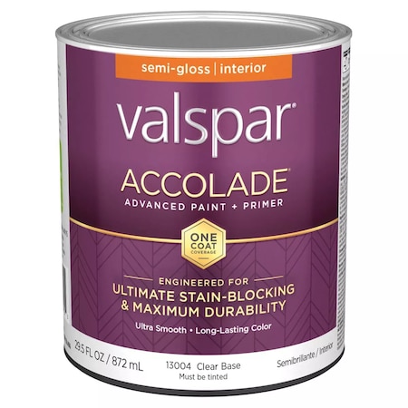 Valspar Accolade Super Premium 100% Acrylic Paint & Primer Semi-Gloss Interior Wall Paint Clear Base 1 Qt. 028.0013004.005