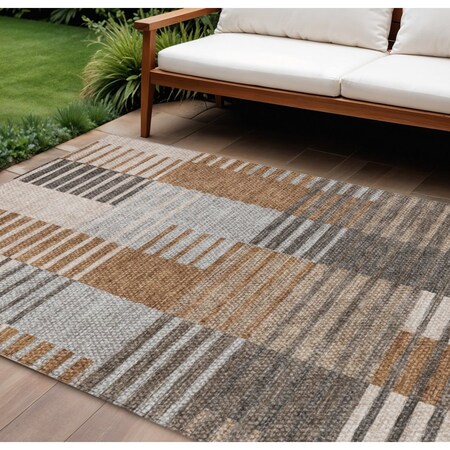 Homeroots 9' X 12' Chocolate And Gray Striped Washable Indoor Outdoor Area Rug 581705
