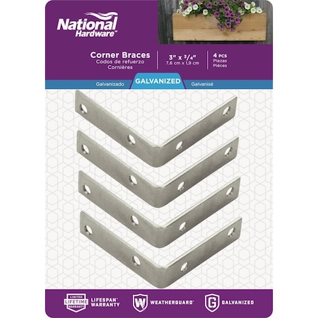 National Hardware 3'' x 3/4'' Galvanized Steel Corner Brace, 4-Count N208-769