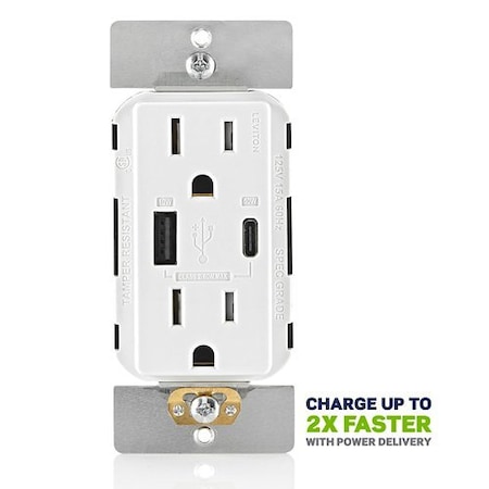 Leviton USB Receptacle, 15 A, White T5634-W