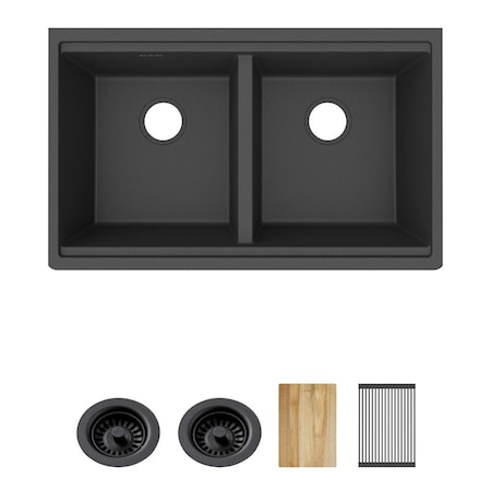 Elkay Quartz Classic 33" x 22" x 9-1/2" Equal Double Bowl Undermount Workstation Sink 4pc Kit Matte Black ELGU3322WOMB0