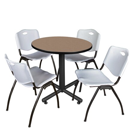 Regency Round Kobe Breakroom Table W/ 4 M Stack Chairs, 30 in W, 30 in L, Noble Oak TKB30RNDNO47GY