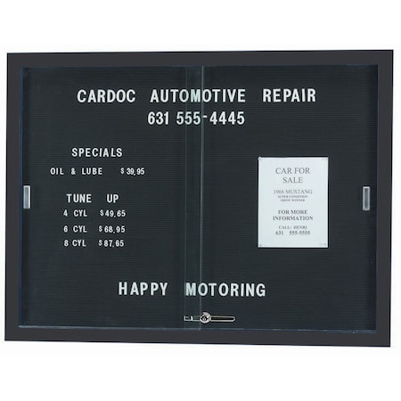 Aarco Enclosed Directory Board w/ Al Frame Sliding Doors, Black Felt, Powder Coated Black, 36''Hx48''W SDC3648BK