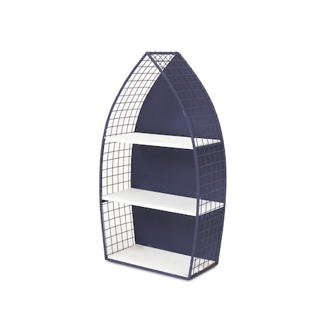 Homeroots 24" Navy Blue And White Metal and Wood Boat Shaped Bookcase 489055