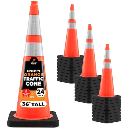 Xpose Safety 36 in Orange Traffic Cone, PVC, 15 lb Base with 6 in & 4 in Collar, DOT Approved, 24 PK OTC36-64-15L-24-X