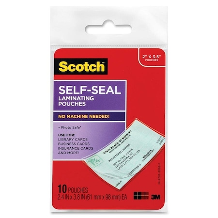 3M Commercial Scotch, Self-Sealing Laminating Pouches, 9 Mil, 3.8In X 2.4in, Gloss Clear, 10PK LS85110G