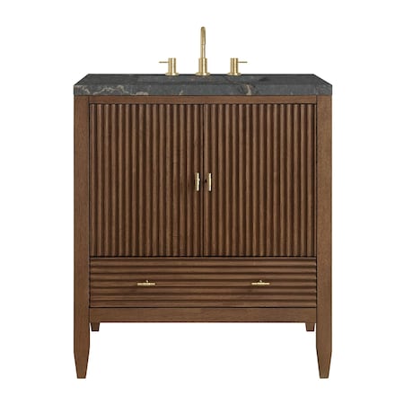 James Martin Vanities Myrrin 30" Single Vanity, Mid-Century Walnut w/ 3 CM Parisien Bleu Silestone Top 485-V30-WLT-3PBL