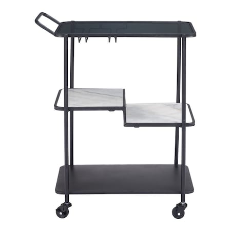 Homeroots 25in Black Steel and Faux Marble Glass Rolling Bar Cart 668797