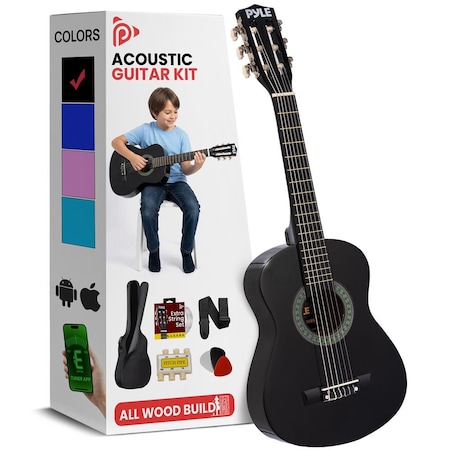 Pyle 30-Inch Beginner Acoustic Guitar Kit, 6-String Classical Style Travel Guitar for Kids & Adults PGAKT30BK