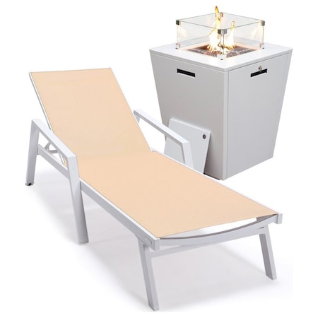 Leisuremod Marlin White Aluminum Patio Chaise Lounge Chair With Arms & Square Fire Pit Table, Light Brown MLAWCF21-77LBR