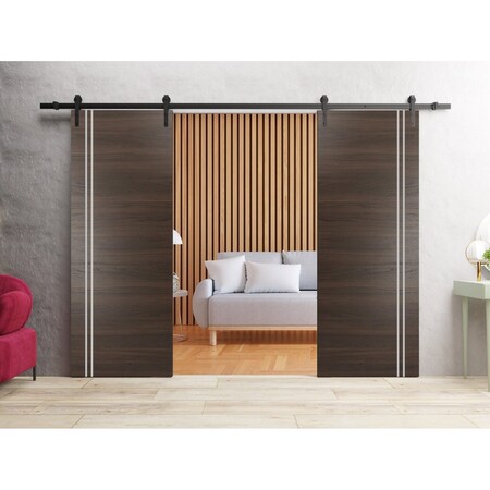 Sartodoors Sturdy Double Barn Door with Hardware, Planum 0310 Chocolate Ash and Aluminum Strips, 13FT Rail Han PLANUM0310DB-CA-36