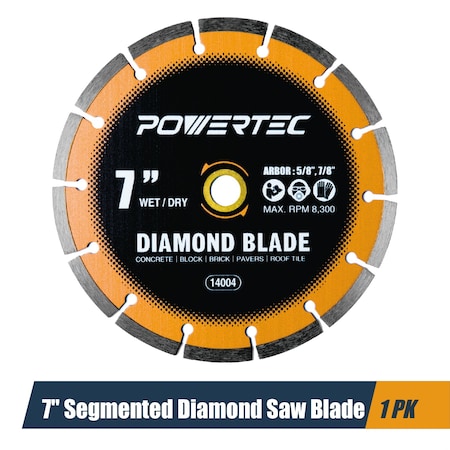 Powertec 7in Segmented Diamond Saw Blades for Wet Tile Saw, Cutting Concrete, Block, Brick 14004