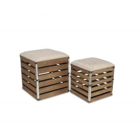 Homeroots Set Of 2 Square Brown Linen Fabric And Wood Slats Storage Benches 379837