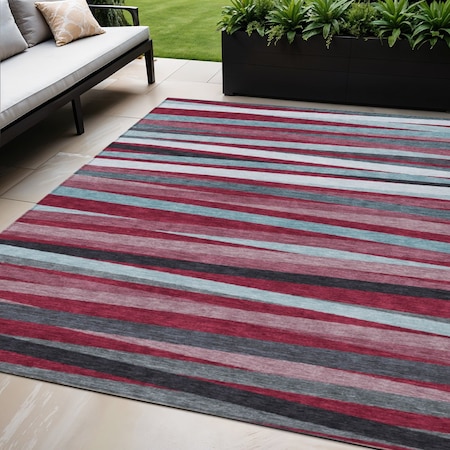 Homeroots 5' X 8' Burgundy Ivory And Blue Striped Washable Indoor Outdoor Area Rug 597308
