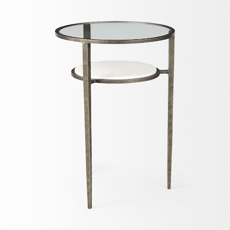Homeroots 23" Bronze And Clear Glass And Metal Round End Table With Shelf 393196