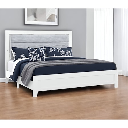 Homeroots White and Light Gray Ribbed Texture Wood And Upholstery Lighted King Bed Frame 564730