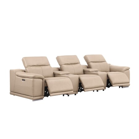Homeroots 134" Beige Top Grain Leather Reclining USB Sofa And Storage 643703